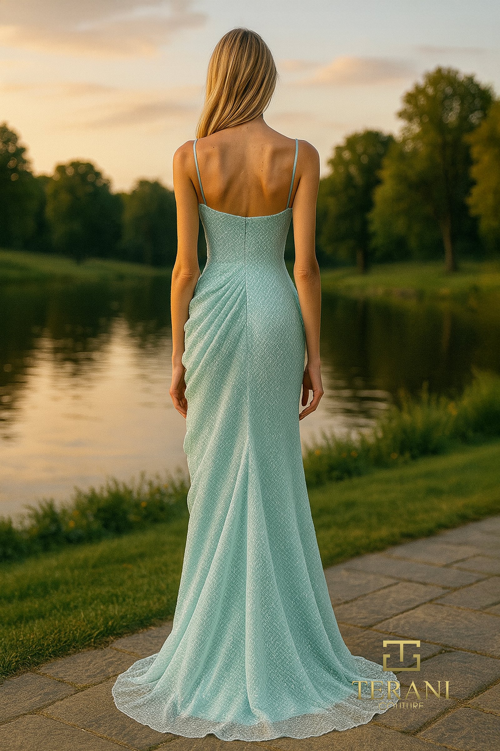 Soft Cowl Sweetheart Fishnet Sheath Gown with Slit – 261P6147