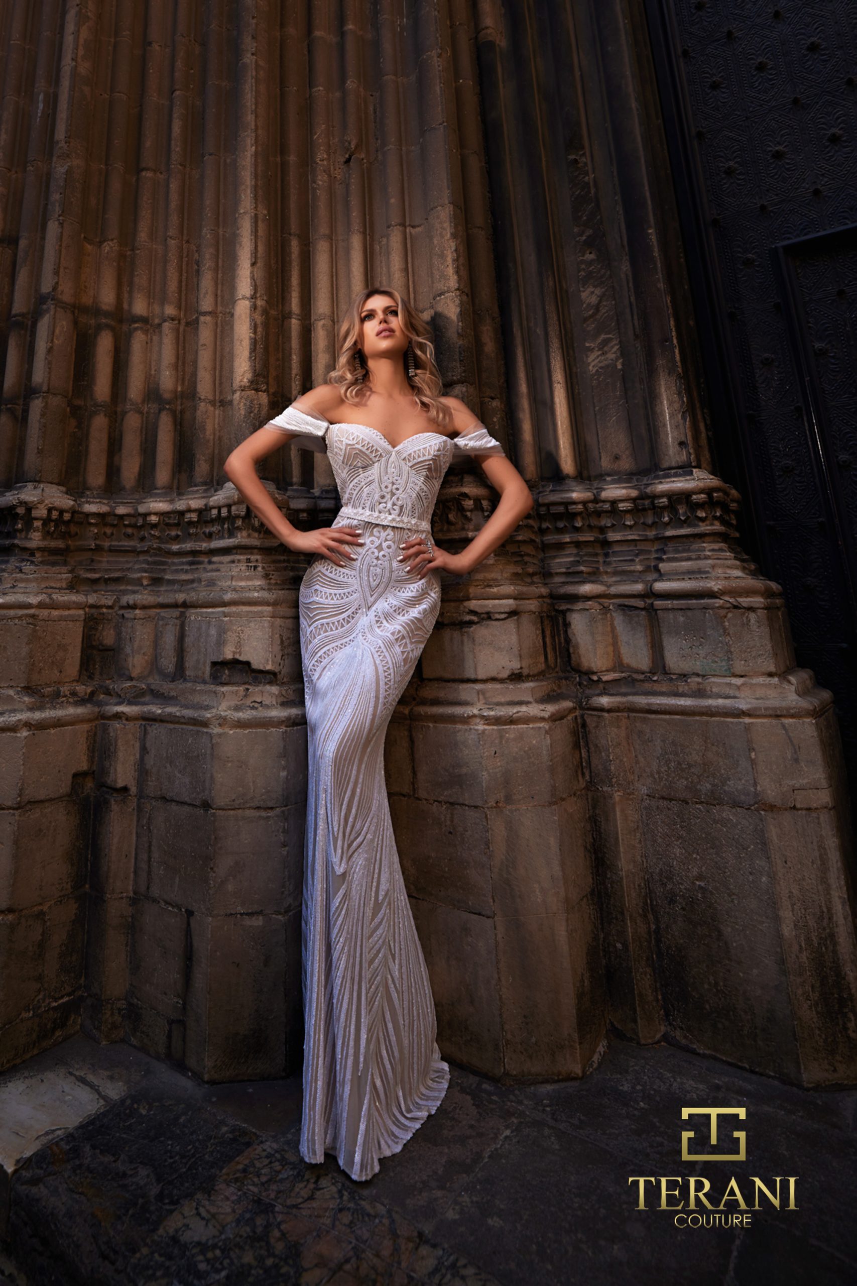 Off-Shoulder Sweetheart Organza & Embroidered Sheath Gown – 261P6161
