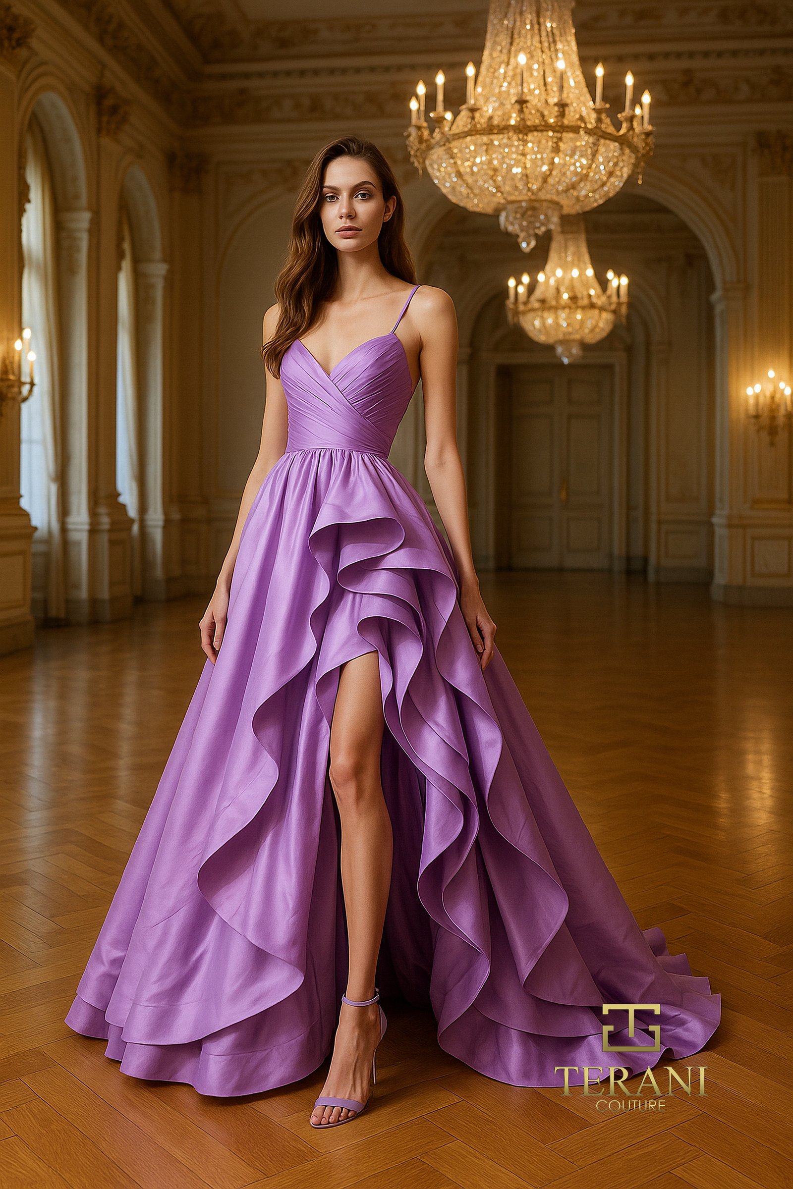Soft V-Neck Tafetta High-Low Ballgown - 261P6172