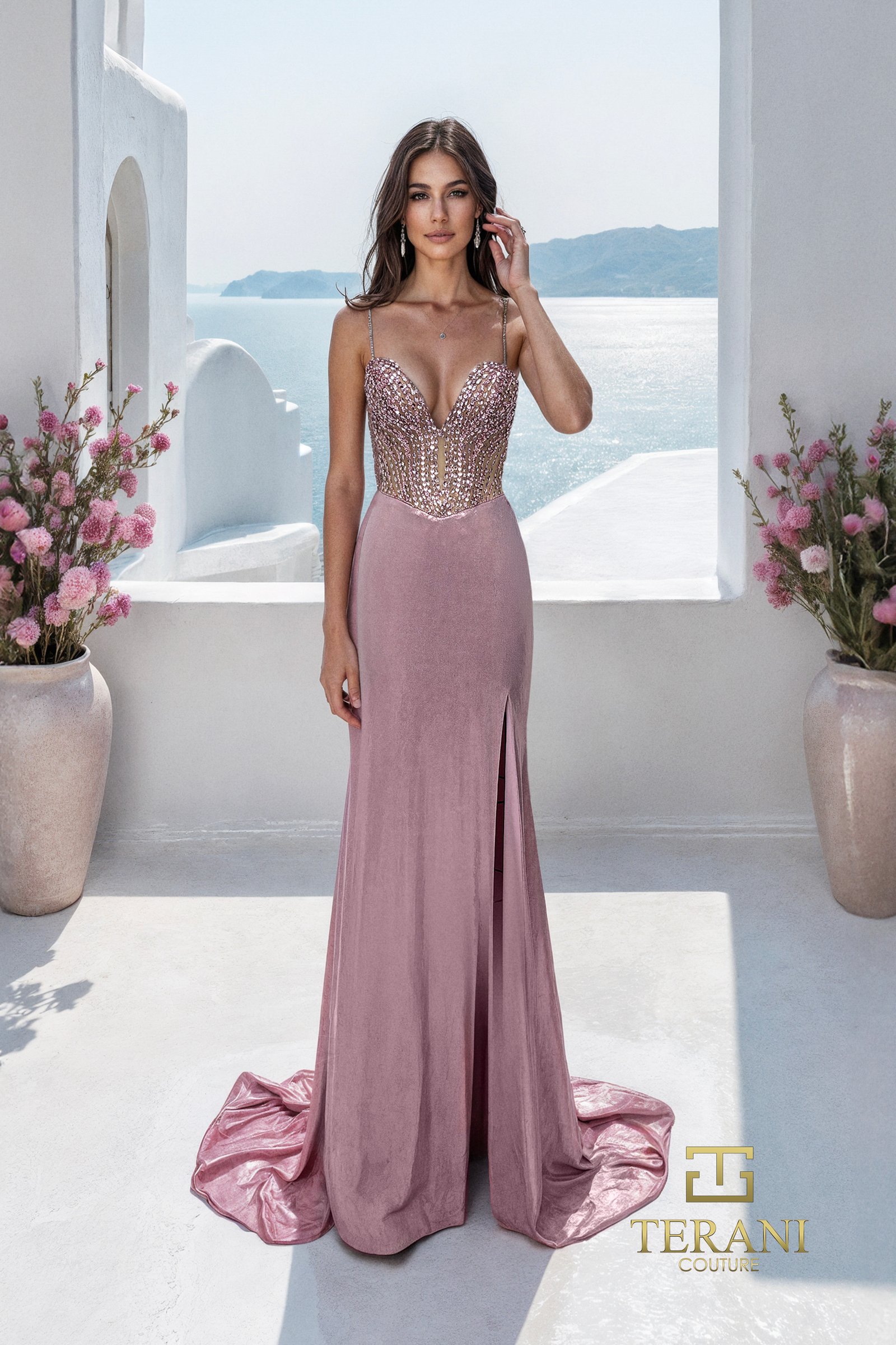 Deep V-Neck Slinky Jersey Sheath Gown with Slit – 261P6667