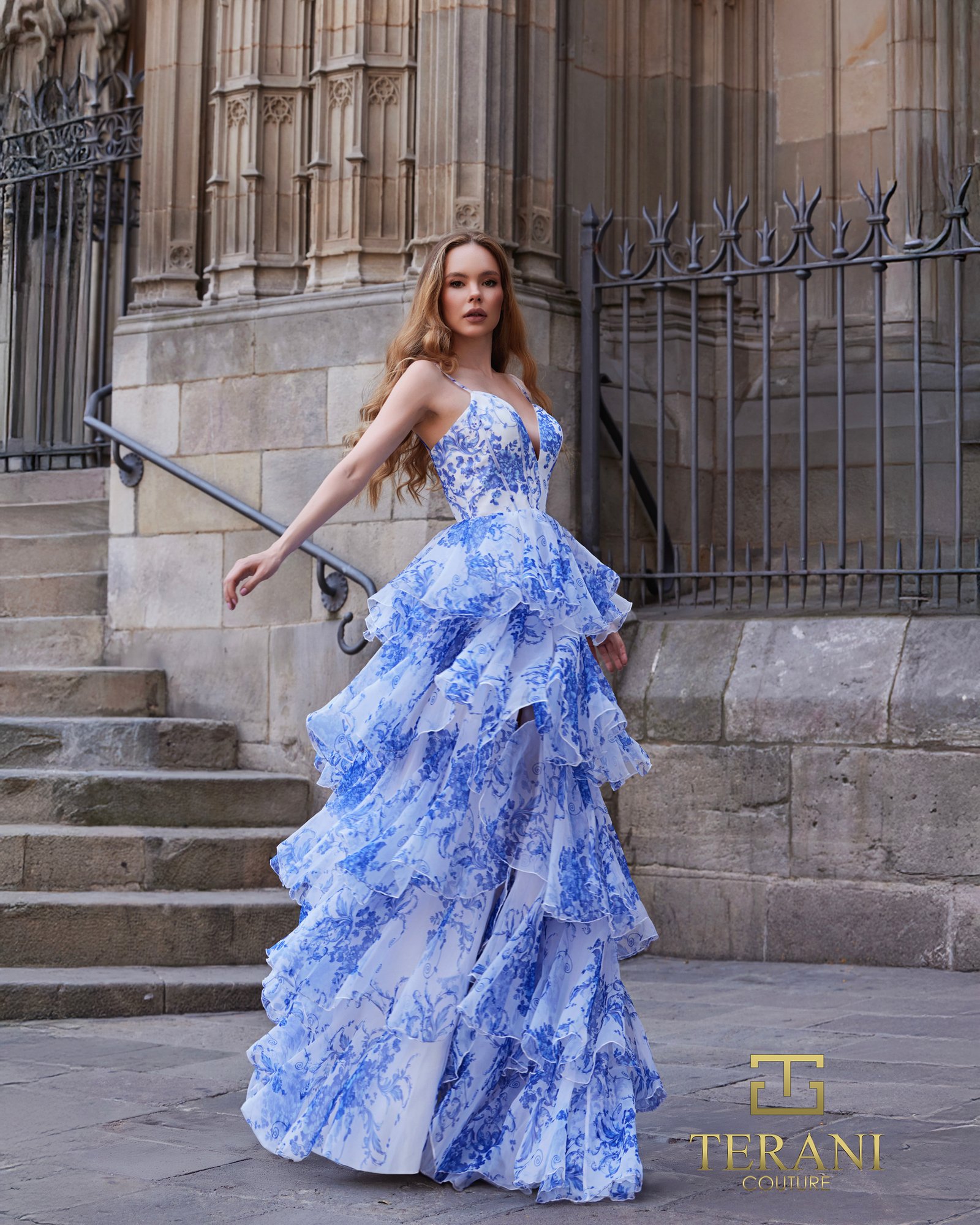 Deep Sweetheart Printed Chiffon Tiered High-Low Ballgown – 261P6673