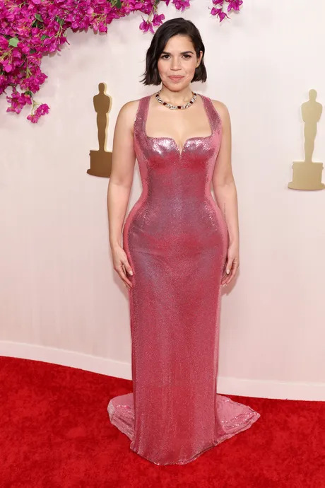 America Ferrera Looked Glorious In Her Barbie Pink Versace Chainmail Dress At The 2024 Oscars Party.