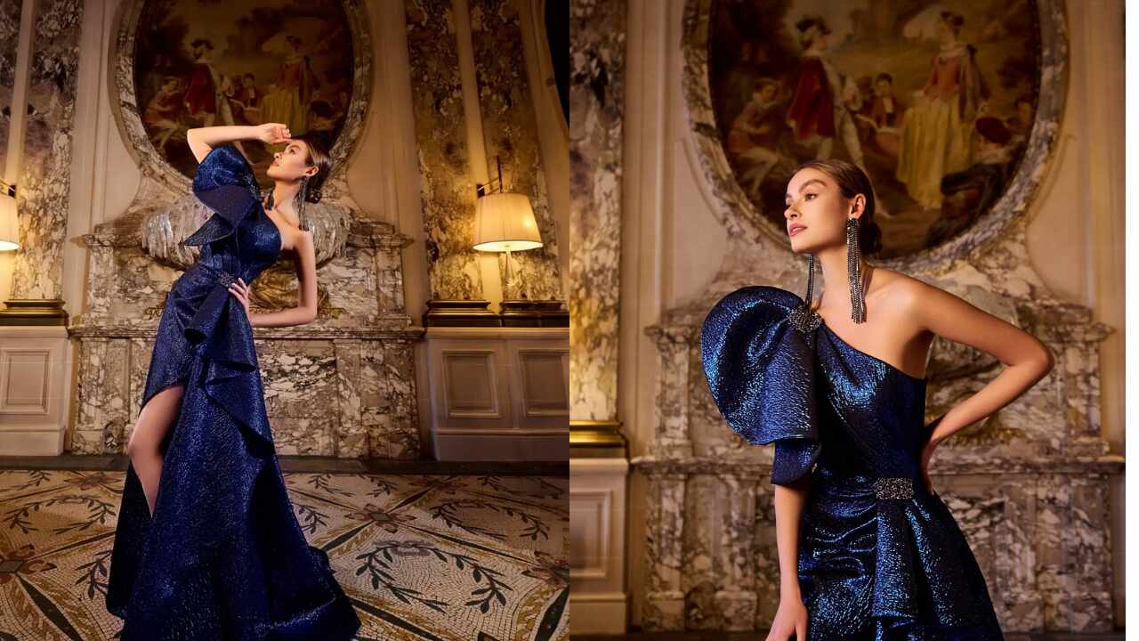 Elegant Metallic Jacquard Ball Gown Close-up