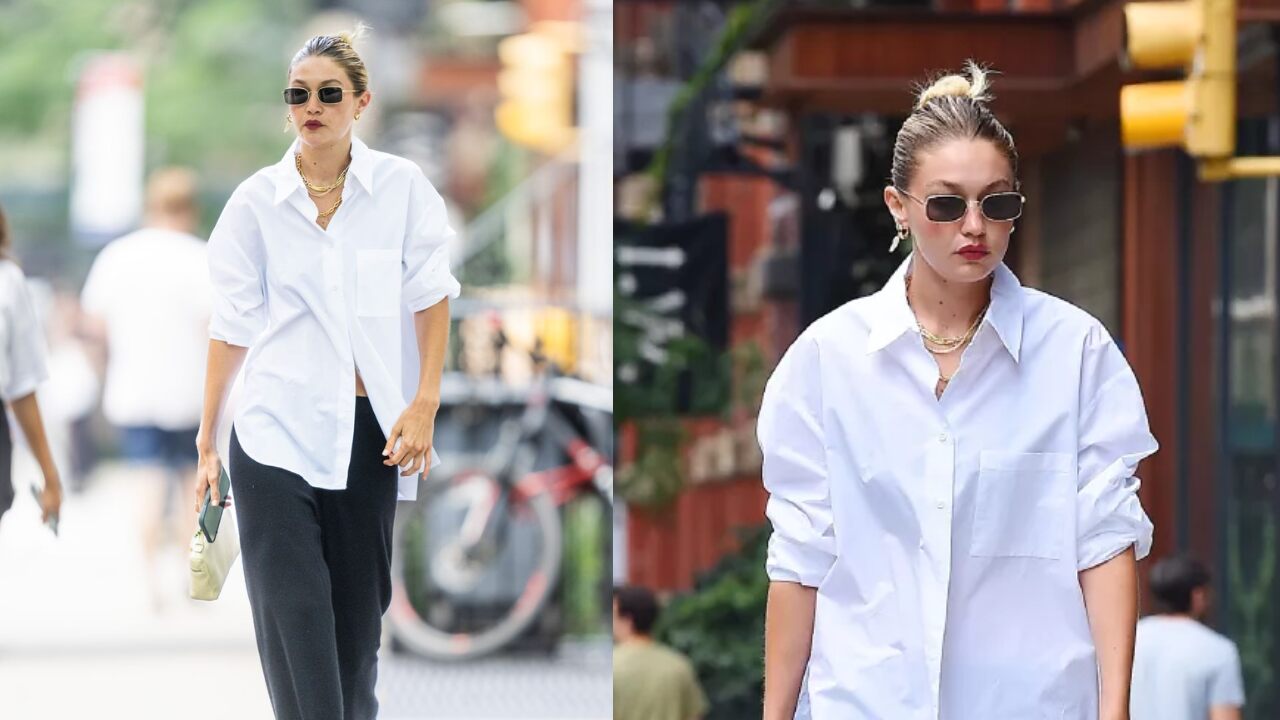 Gigi Hadid styled in White Button-Up Shirts