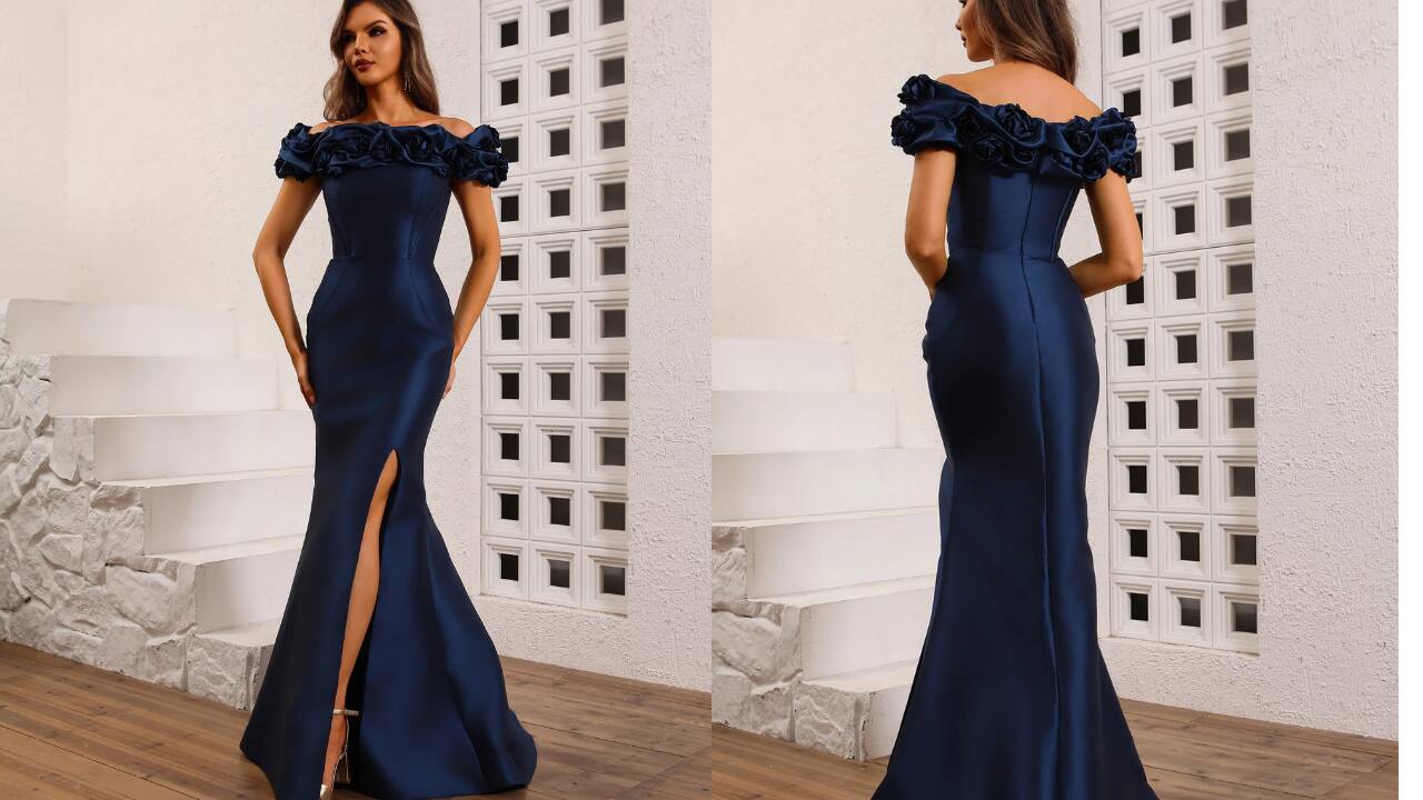 High Slit Long Trumpet Dress Close-Up