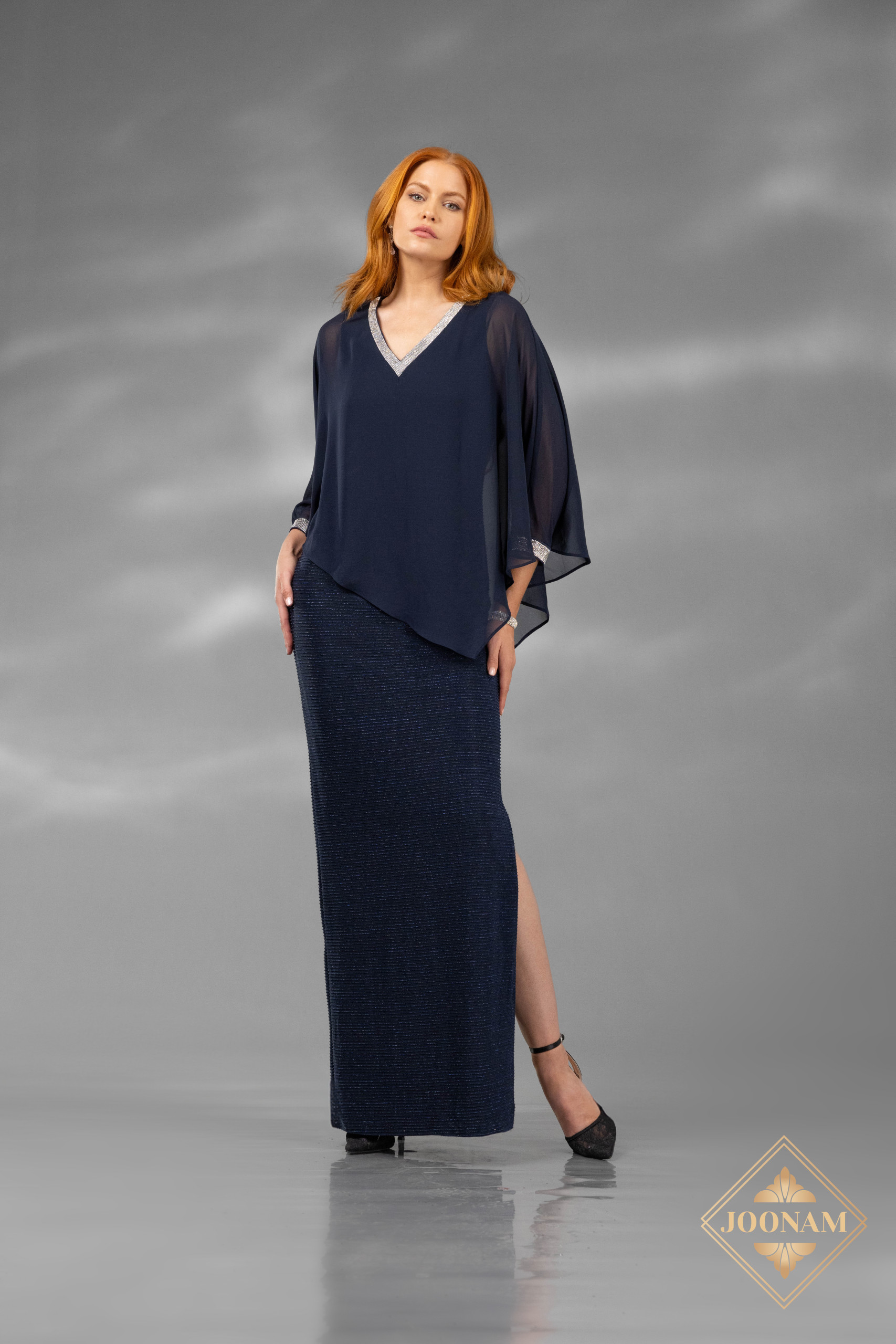 V-Neck Bodycon Chiffon Navy Dress – J4651
