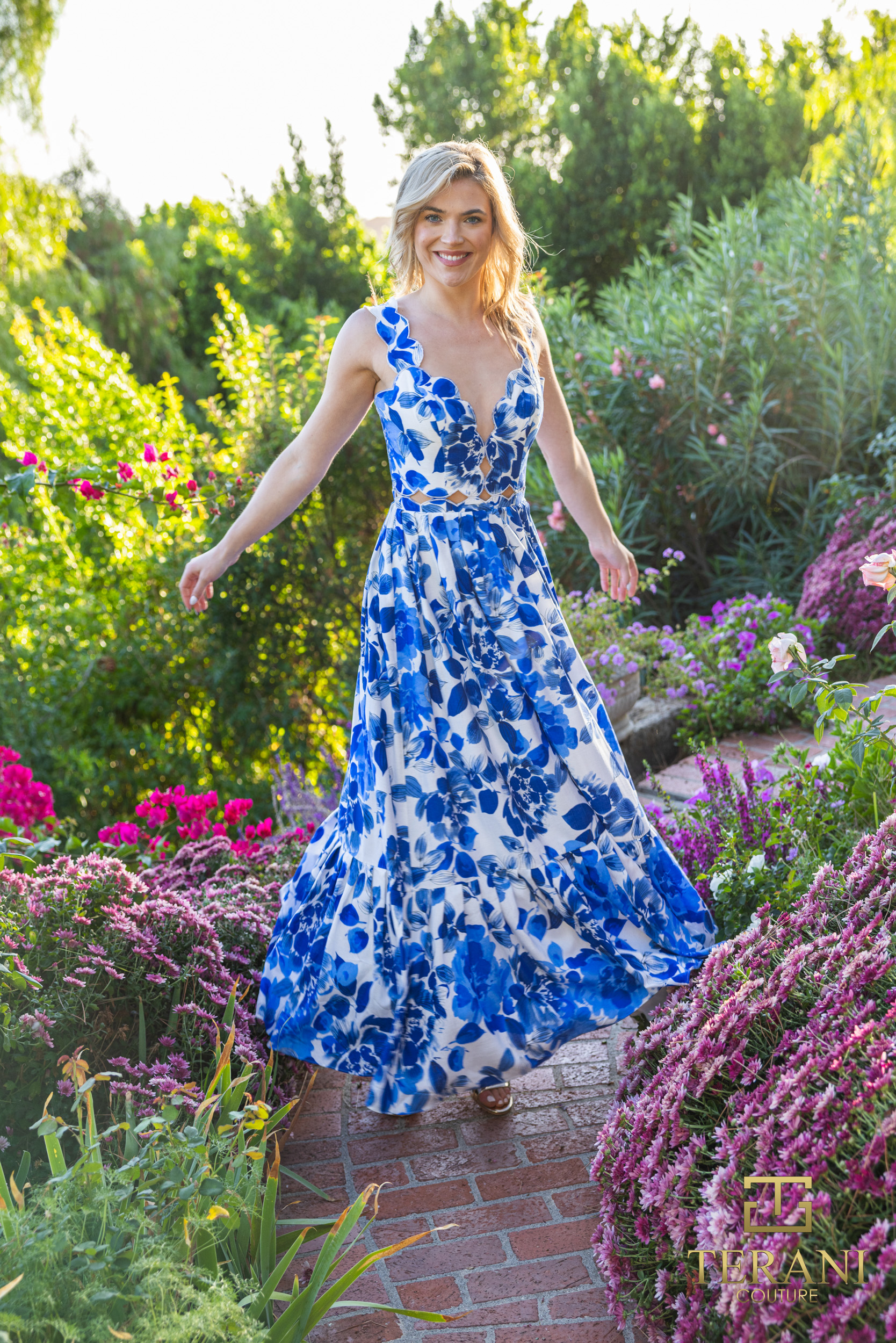 Print Satin v neck a line Blue Dress - J4653