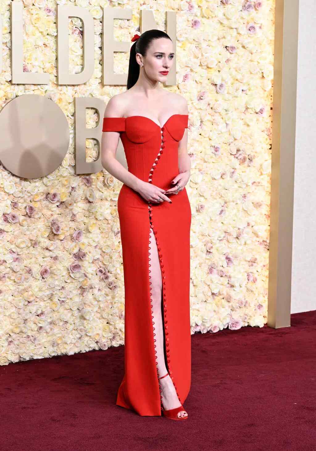 Rachel Brosnahan red look from Global Awards